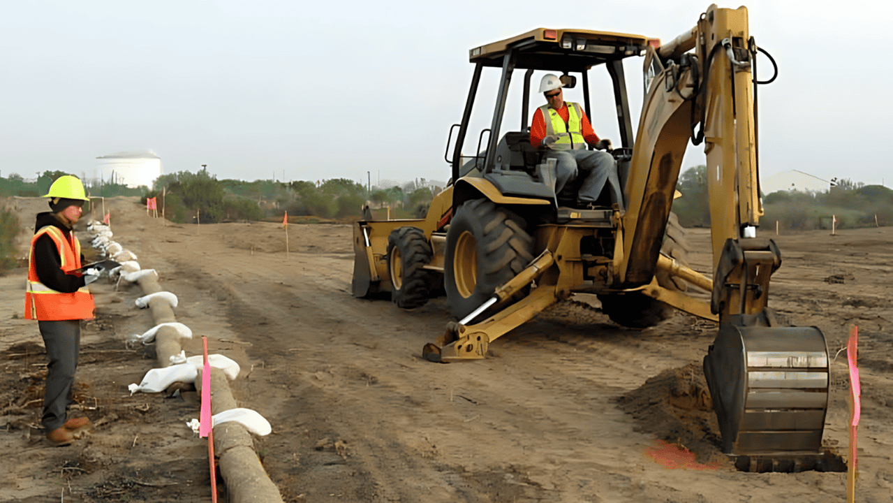 18 OTIE_1280x720 Construction workers using heavy machinery to excavate a site. One worker operates a backhoe while another guides the process, ensuring safety and precision.
