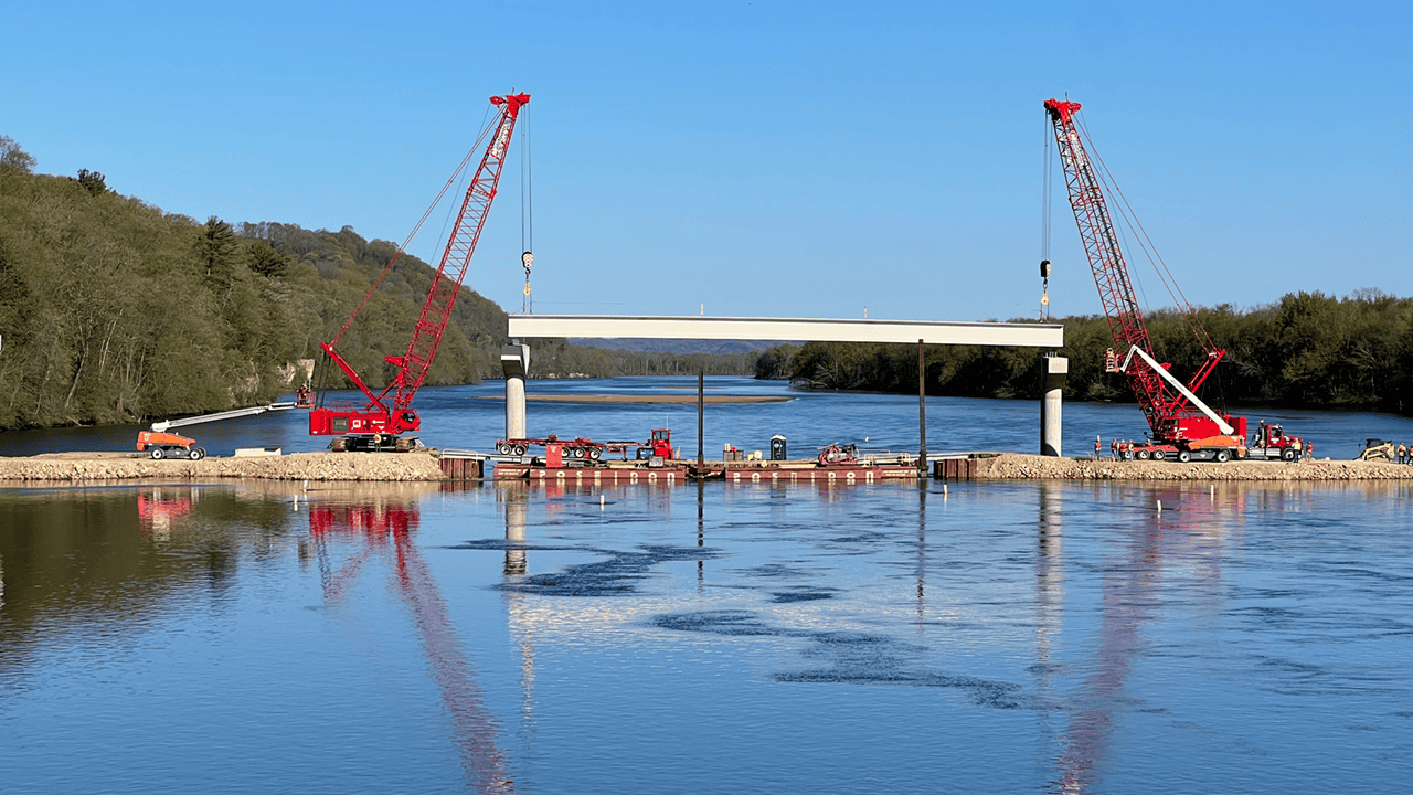 First 72 foot high Concrete Girder Set over the Main WI River Channel.